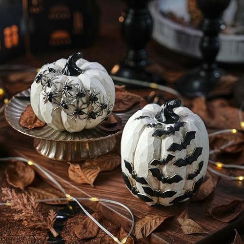 FESTGLOX Black and White Pumpkins with Bats for Halloween Indoor Decor - Image 2