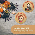 6Pcs Horror Movie Character Spooky Coasters Gift Set with Holder - Horror Movie Accessories Bar Coaster for Party Decor, Unique Halloween Round Coasters for Halloween Coffee Table Spooky Kitchen Decor - Image 6