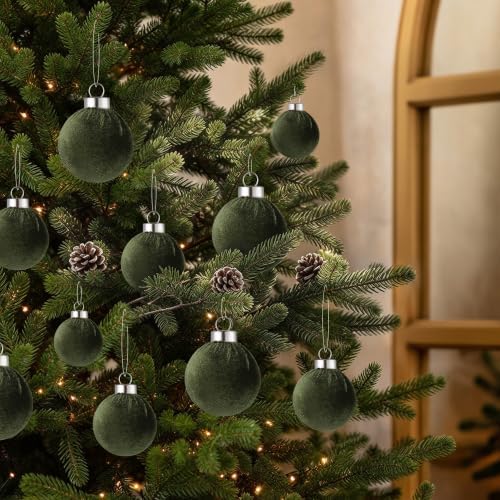 Velvet Christmas Ball Ornaments - 30pcs Flocked Christmas Ornaments Set Shatterproof Classic Hanging Xmas Tree Decorations with Rope for Wreath Holiday Home Decor (Dark Green) - Image 5