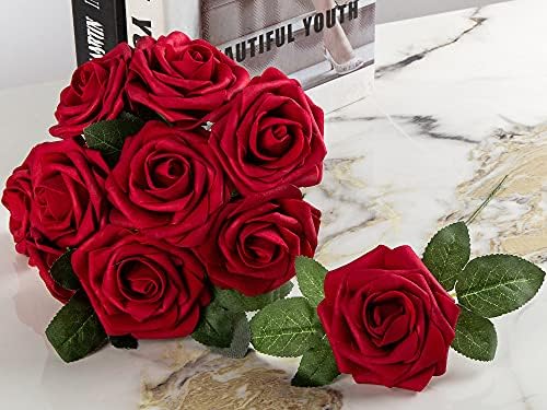 Artificial Flower Foam Rose 25pcs Real Looking Fake Rose with Stems Leaves for Home Decoration Party Garden Centerpieces DIY Wedding Bouquets（Dark Red） - Image 6