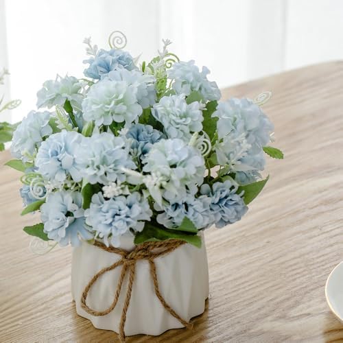 TKAS Fake Flowers Arrangement in Ceramic Vase, Artificial Faux Silk Hydrangea, Small Realistic Dried-Style Floral, Dining Table Centerpiece for Wedding Party Home Decoration (Blue) by TKAS