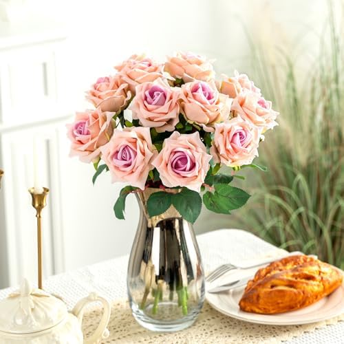 Ttranewsoo 12PCS Artificial Roses with Stems, Realistic Pink Fake Roses, Silk Rose Flowers for Vases, DIY Bouquets, Wedding Centerpieces, Bridal Shower & Home Decor, 16.5 Inch - Image 3