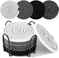 OIAHOMY 8 Pcs Coasters with Holder for Beer, Coffee, Woven Cotton Coaster Set for Table Decor for Kitchen, Bar, Dining Room, Living Room, Housewarming Gifts - Black by MasterofSpaceOptimization