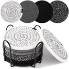 OIAHOMY 8 Pcs Coasters with Holder for Beer, Coffee, Woven Cotton Coaster Set for Table Decor for Kitchen, Bar, Dining Room, Living Room, Housewarming Gifts - Black by MasterofSpaceOptimization