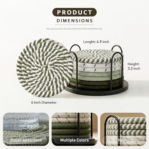 Lazebox Coasters Set of 8 for Drinks, 4 Inch Large Coasters for Coffee Table, Tabletop Protection for Hot & Cold Drinks, Versatile Coasters for Home Decor, Non-Slip & Easy to Clean, Olive Green - Image 4