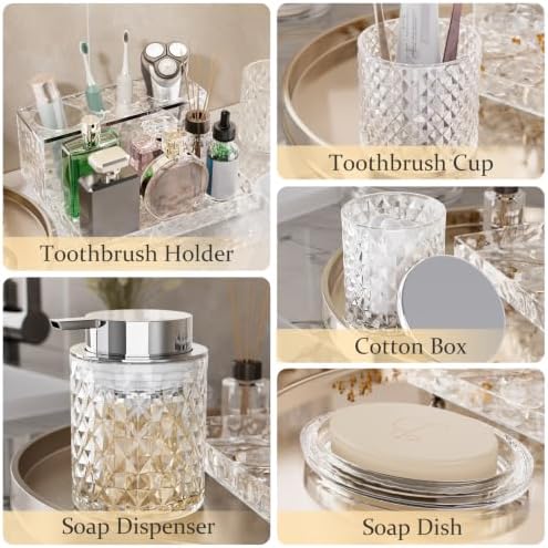 Glass Bathroom Accessories Set 5Pcs Crystal Clear- Foaming Soap Dispenser, Soap Dish, Cup, Acrylic Toothbrush Holder with Tray Organizer, Cotton Swab Jar, Bathroom Counter Set Sink Decor - Image 3