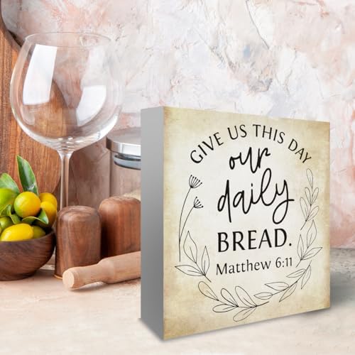 Inspirational Bible Verse Give Us This Day Our Daily Bread Wooden Box Sign Scripture Desk Decor Rustic Scripture Wood Block Plaque Box Sign for Home Office Shelf Table Decoration - Image 5