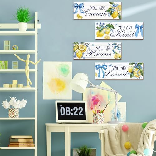 4 Pcs Lemon Bathroom Decor, Positive Affirmations Wall Art Decor, Inspirational Wooden Signs, Lemon Wall Art Hanging Plaques for Girls Bedroom Bathroom Living Room - Image 3