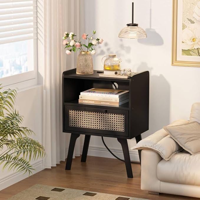 Lerliuo Rattan Nightstand with Charging Station, Cane Accent Side End Table - Image 6