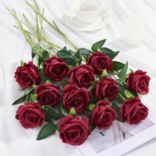 100Pcs Burgundy Roses Artificial Flowers, Realistic Silk Fake Roses Bouquet - Image 3