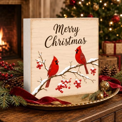 Christmas Decorations Merry Christmas Cardinal Birds Wood Box Sign - Image 3