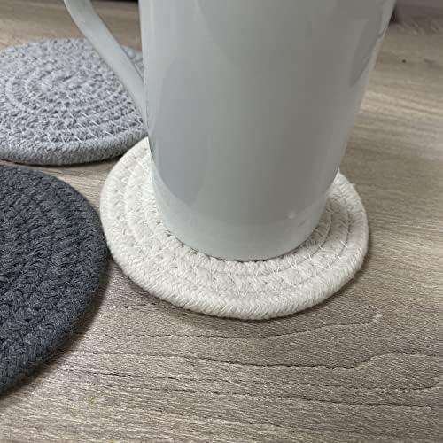 ABenkle 8 Pcs Drink Coasters with Holder, Cotton Woven Absorbent Coasters for Drinks, Minimalist Home Decor Coaster Set for Wooden Tabletop Protection Table, 4.3 inches White - Image 4