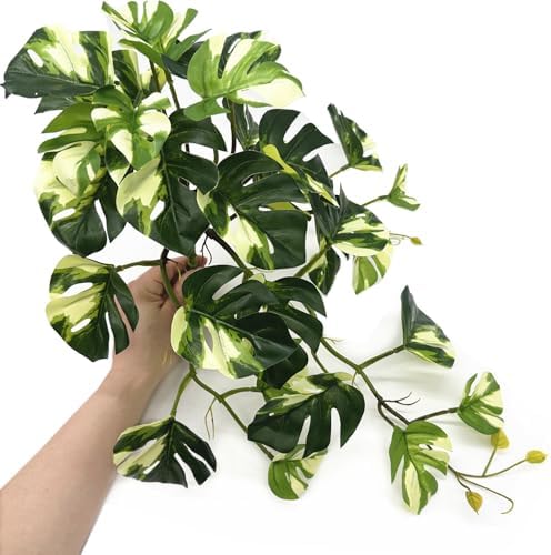 Artificial Monstera Plants, Fake Tropical Palm Small Potted Faux Hanging Greenery Mini Plants for Indoor Outdoor Home Office Garden Houseplants Pot Decor Wedding Party Decorations - Oil Painting Green - Image 2
