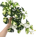 Artificial Monstera Plants, Fake Tropical Palm Small Potted Faux Hanging Greenery Mini Plants for Indoor Outdoor Home Office Garden Houseplants Pot Decor Wedding Party Decorations - Oil Painting Green - Image 2