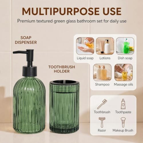 2 Pcs Green Bathroom Accessories Set, Glass Bathroom Set, Soap Dispenser, Toothbrush Holder Set, Crystal Modern Bathroom Decor, Housewarming Gift Set - Image 6