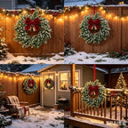 4 Set Christmas Hanging Wreaths Small Snow Flocked Artificial Cedar Wreaths with Red Velvet Ribbon Bronze Bells Mini Faux Greenery Wreath for Front Door Porch Cabinet Window Xmas Holiday Decorations - Image 4