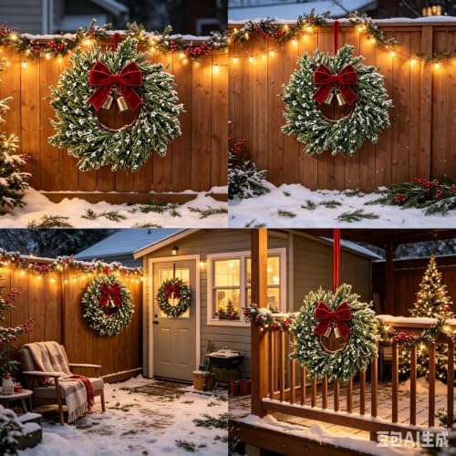 4 Set Christmas Hanging Wreaths Small Snow Flocked Artificial Cedar Wreaths with Red Velvet Ribbon Bronze Bells Mini Faux Greenery Wreath for Front Door Porch Cabinet Window Xmas Holiday Decorations - Image 4