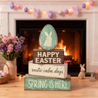 Easter Decorations - Happy Easter Bunny Egg Tiered Tray Decor - Wooden Easter Tabletop Sign - Rustic Farmhouse Spring Home Decor Indoor for Tiered Tray Shelf Mantel Entryway Coffee Table - Image 2