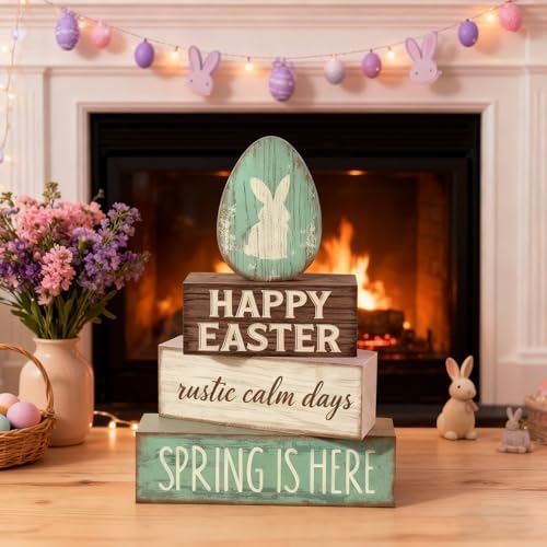 Easter Decorations - Happy Easter Bunny Egg Tiered Tray Decor - Wooden Easter Tabletop Sign - Rustic Farmhouse Spring Home Decor Indoor for Tiered Tray Shelf Mantel Entryway Coffee Table - Image 2