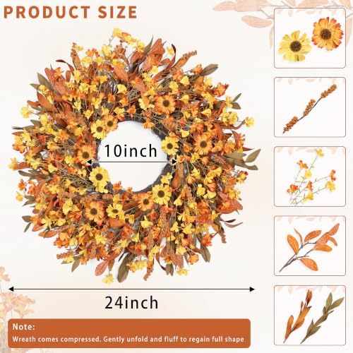 Ghrdopy 24 Inch Fall Wreath Front Door, Artificial Daisy Decor - Image 2
