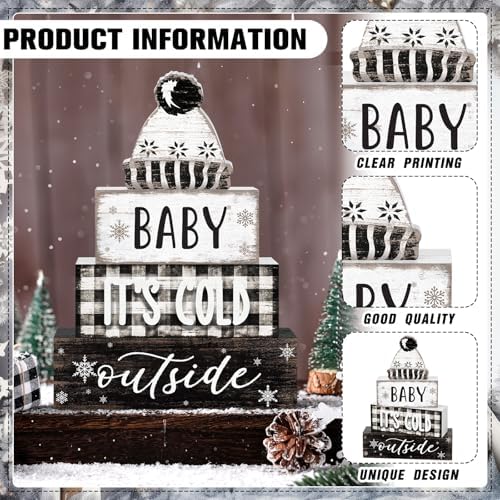 Marsui 4 Pcs Winter Wooden Hat Block Sign Farmhouse Table Decor Rustic - Image 4