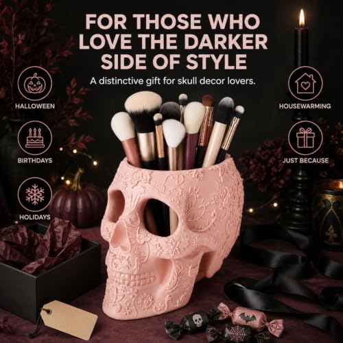 Skull Makeup Brush Holder, Pen Holder, Vanity, Desk, Office Organizer, Stationary, Decor Planter, Candy Bowl, Goth Decorations, Extra Large, Skulls Gothic Skull & Bones Organizer Bathroom (Cloud Pink) - Image 4