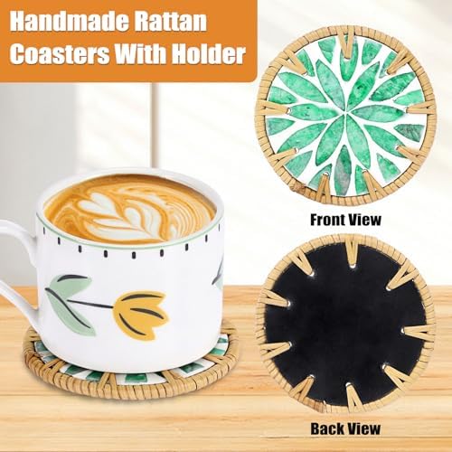 Boho Coastal Coasters Set of 6, Handmade Coasters with Holder, Green Leaf - Image 4