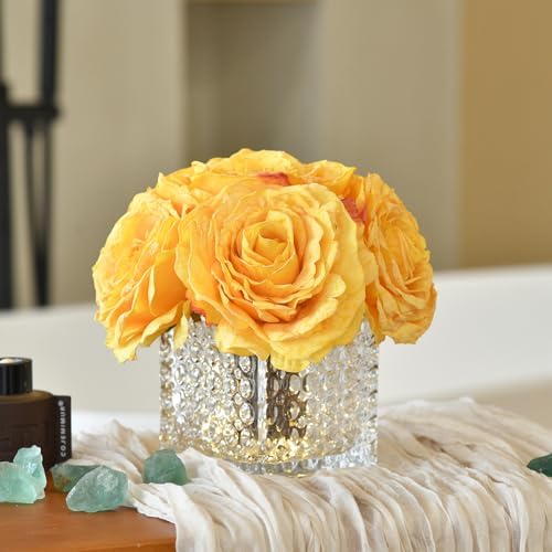 Silk Roses in Glass Vase with LED, Low Centerpiece for Table, Golden Yellow - Image 2