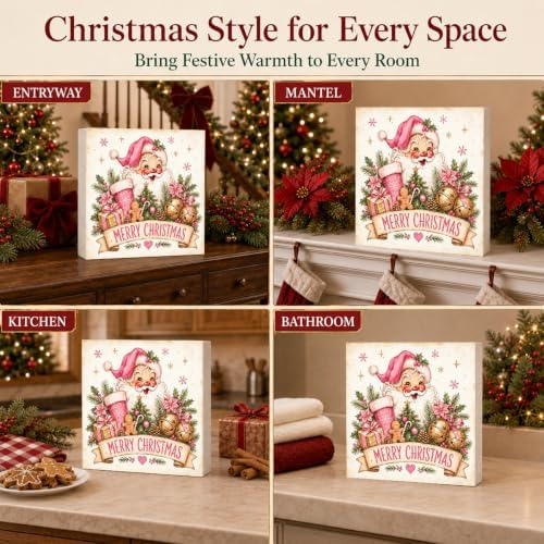 GUDIAO Christmas Decorations Pink, Vintage Merry Christmas Wood Box Sign - Image 6
