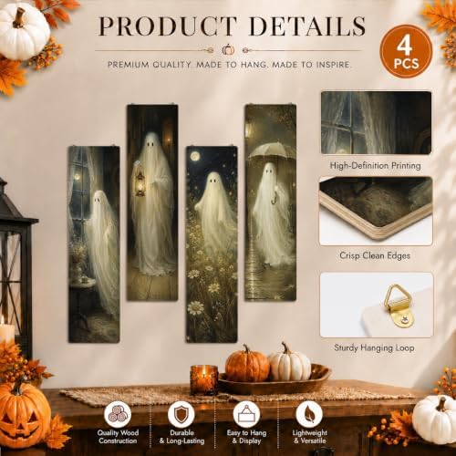 Vintage Halloween Sign, Ghost Decor Wall, 4 Pcs Halloween Hanging Signs - Image 3