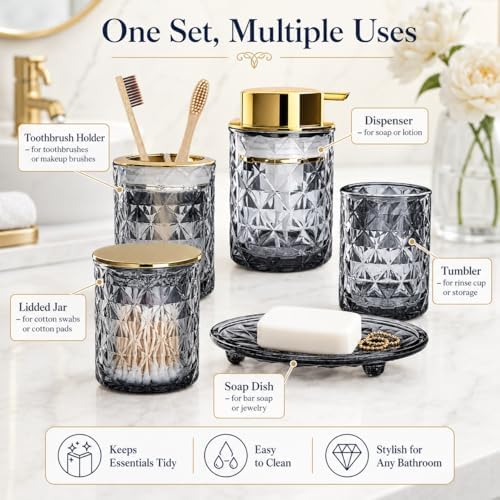 5 Piece Glass Bathroom Accessories Set, Black & Gold Vanity Countertop Set - Image 4