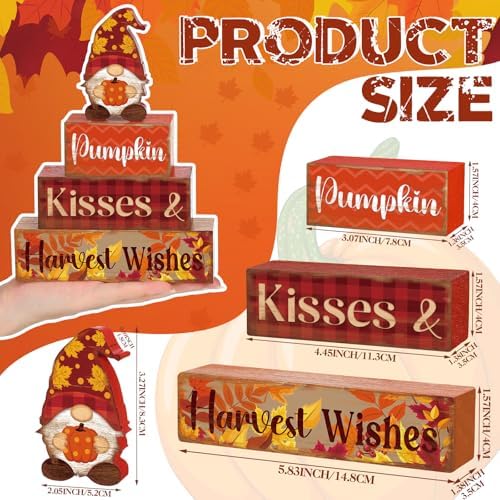 4 Pcs Fall Decor for Home Gnomes Pumpkin Wooden Signs with Harvest Wishes - Image 2