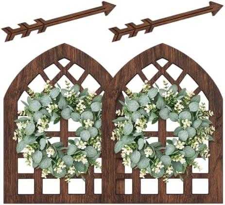 WAKOSAN Rustic Wood Window Frame Wall Decor with Wreath & Arrows, Set of 2 by WAKOSAN