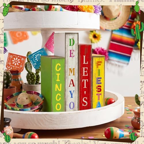 Lineshading 4 Pcs Cinco De Mayotable Decor Wooden Books Stack Mexican Sign - Image 2