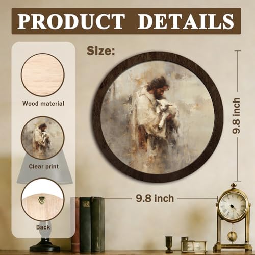 CFFJLHN Vintage Christian Jesus and Lamb Wall Art Decor, Neutral Religious Jesus Holding Lamb Biblical Round Hanging Wall Decor for Home Bedroom Living Room Church, 10x10 Inch - Image 7
