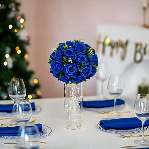 BLOSMON Blue Flowers Artificial for Decoration: 2 Pcs Fake Roses Flower Balls Centerpiece for Wedding Table - Silk Kissing Bouquet with Base Floral Arrangement for Home Party Event Decor - Image 3