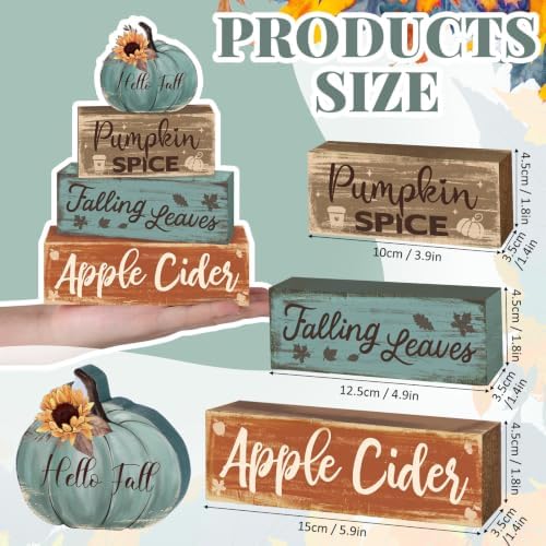 4 Pcs Fall Teal Decor for Home Fall Pumpkin Wooden Sign with Sunflower - Image 2