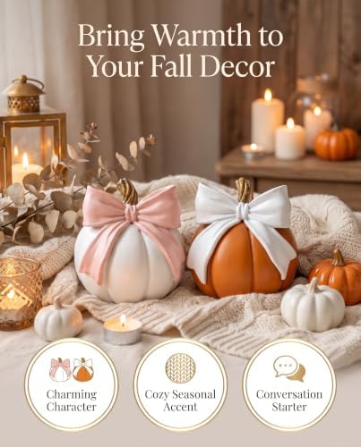 2-Pack Pumpkin Figurines with Bows for Fall Decor Autumn Harvest Decoration - Image 5