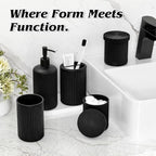 Black Glass Bathroom Accessories Set 5 Piece, Vintage Ribbed Soap Dispenser, Toothbrush Holder, Tumbler, Qtip Jars, Cute Aesthetic Vanity Organizer for Home, Restroom Countertop Decor - Image 3