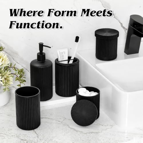 Black Glass Bathroom Accessories Set 5 Piece, Vintage Ribbed Soap Dispenser, Toothbrush Holder, Tumbler, Qtip Jars, Cute Aesthetic Vanity Organizer for Home, Restroom Countertop Decor - Image 3
