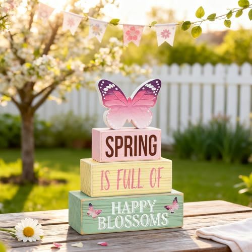 Spring Decoration Wooden Tiered Tray Decor – Butterfly Spring Stacked Block Sign with Floral Accents – Farmhouse Tabletop Spring Decor for Shelf Mantel Seasonal Home Display - Image 4