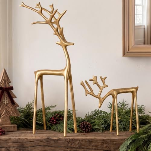 Christmas Decorations - Set of 2 Sculpted Gold Metal Reindeer Statues by Unknown