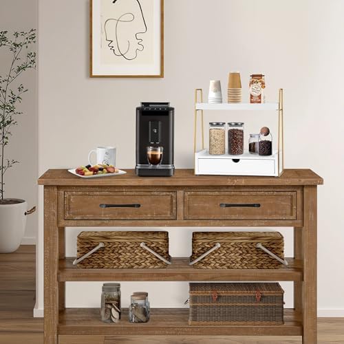 2-Tier Bathroom Countertop Organizer with Drawer, Wood Vanity Shelf White - Image 4