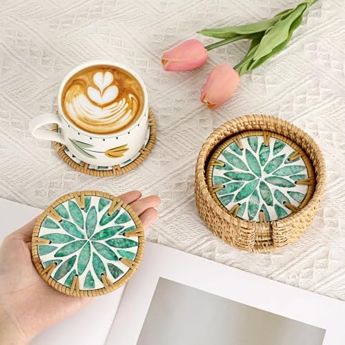 Boho Coastal Coasters Set of 6, Handmade Coasters with Holder, Green Leaf - Image 5