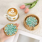 Boho Coastal Coasters Set of 6, Handmade Coasters with Holder, Green Leaf - Image 5