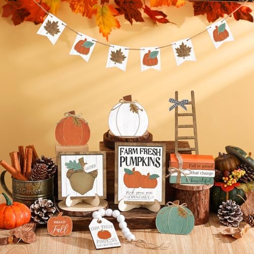 Reallnaive 18 Pcs Fall Tiered Tray Decor Set Classic Wood Signs - Image 5