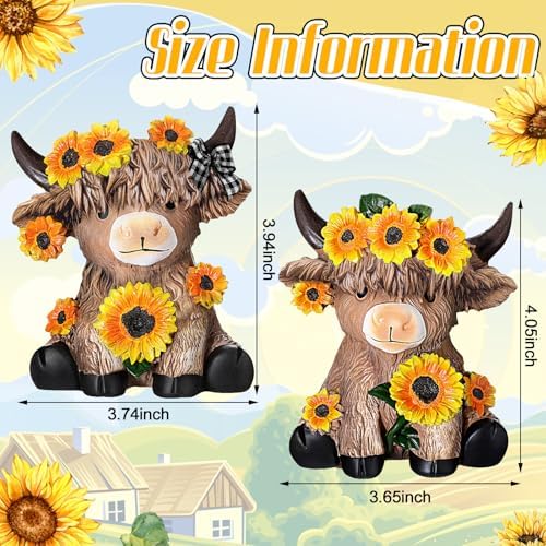 Wesiti 2 Pcs Highland Cow Figurines, Sunflower Resin Statue Desktop Decor - Image 3