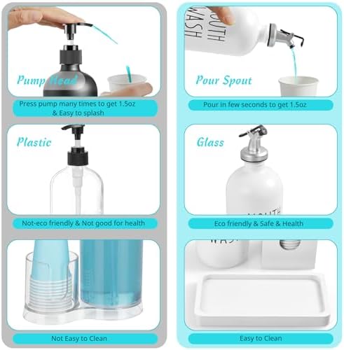 Glass Mouthwash Dispenser for Bathroom, 16 OZ Mouthwash Dispenser with Pour Spout and Wood Cup Holder and Tray, Mouth Wash Bottle Container, Farmhouse Kitchen Bathroom Decor and Accessories, White - Image 5