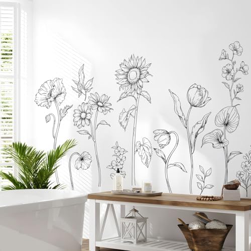 Large Black and White Flower Wall Decals, 3 Sheets Simple Modern Minimalist Sunflower Tulip Wall Stickers Floral Art Decor for Girls Bedroom Home Room Office Adult Gifts for Mom(11.8x35.4 in/Sheet) by Supzone
