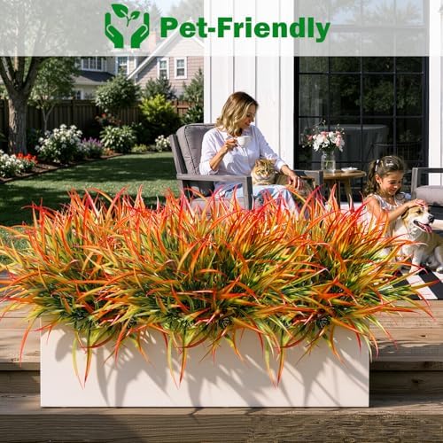 Uieke 12 Bundles Artificial Outdoor Plants UV Resistant Fake Grass Plants Faux Plastic Plants for Home Garden Spring Summer Decor, Green & Red - Image 6